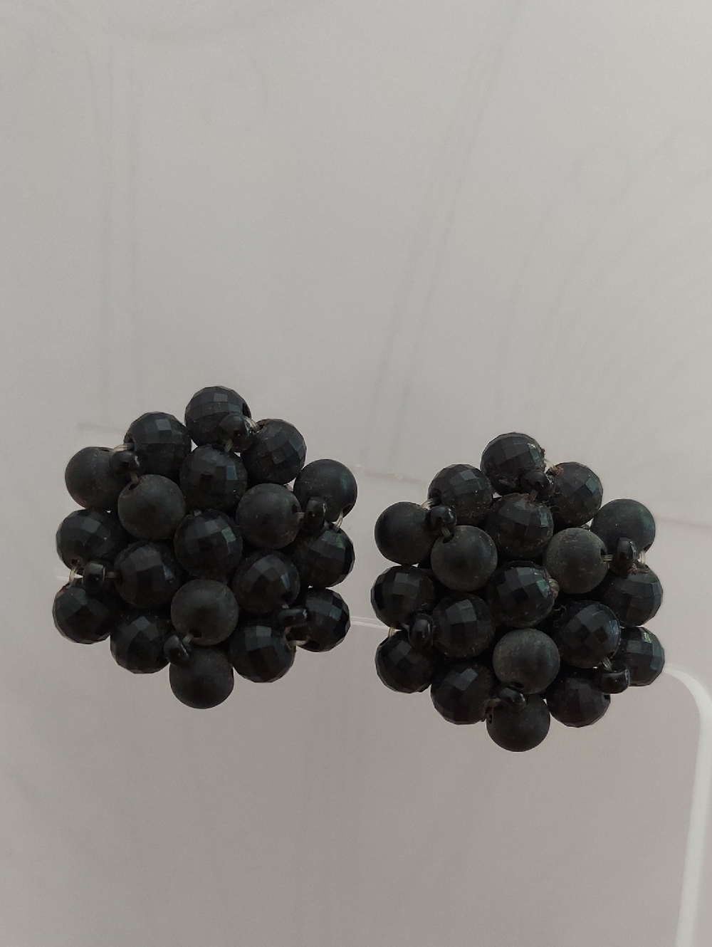 Vintage Stamped German Clip On Earrings Black Cluster Beads 1"  50-60s